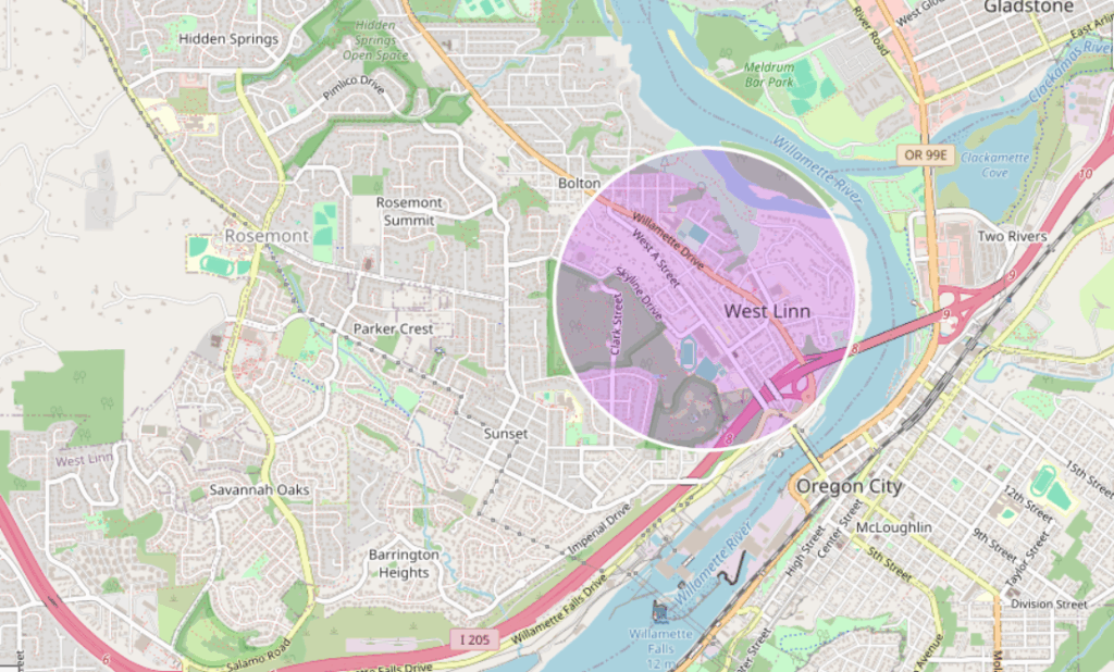 west linn address radius map